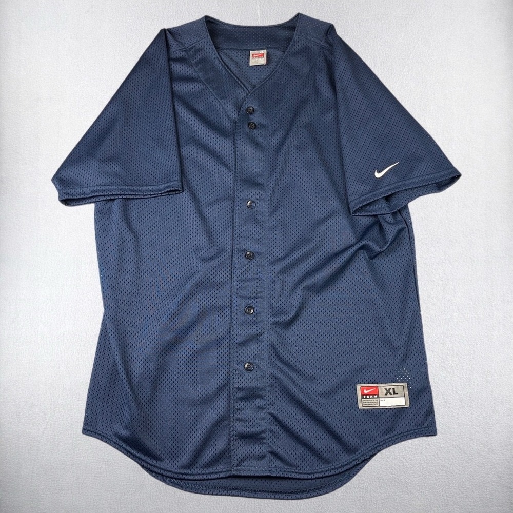 Vintage Nike Baseball Jersey Mens XL Navy Blue Blank Mesh Button Up Swoosh Logo